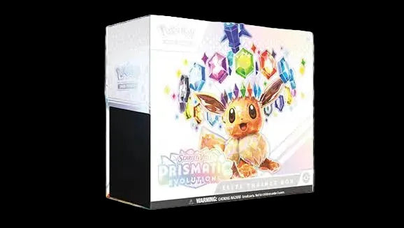Pokémon Prismatic Evolution Elite Trainer Box featuring Eevee artwork and colorful gem graphics on the front, shown as a boxed product on a patterned white background with rainbow dot accents.